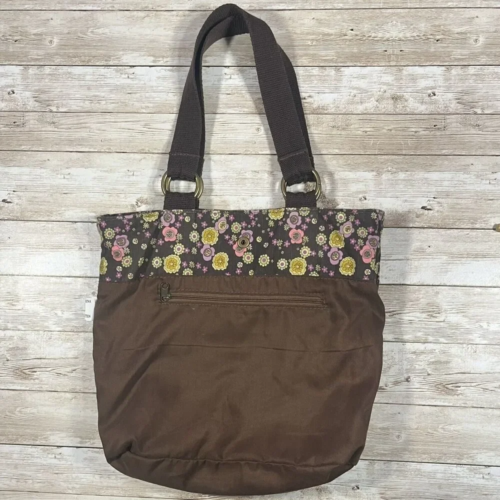 Everyday Shoulder Bag Brown Floral Button Closure, Boho, Cottagecore, Pockets